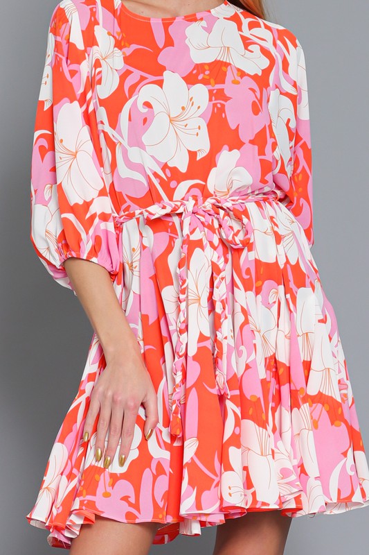 Noor Dolman Sleeve Braided Belt Mini Dress - Pink/Coral