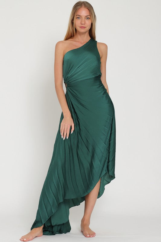 Malania One Shoulder Pleated Midi Dress - Dark Green