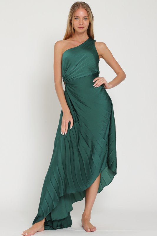 Malania One Shoulder Pleated Midi Dress - Dark Green