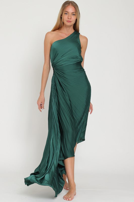 Malania One Shoulder Pleated Midi Dress - Dark Green