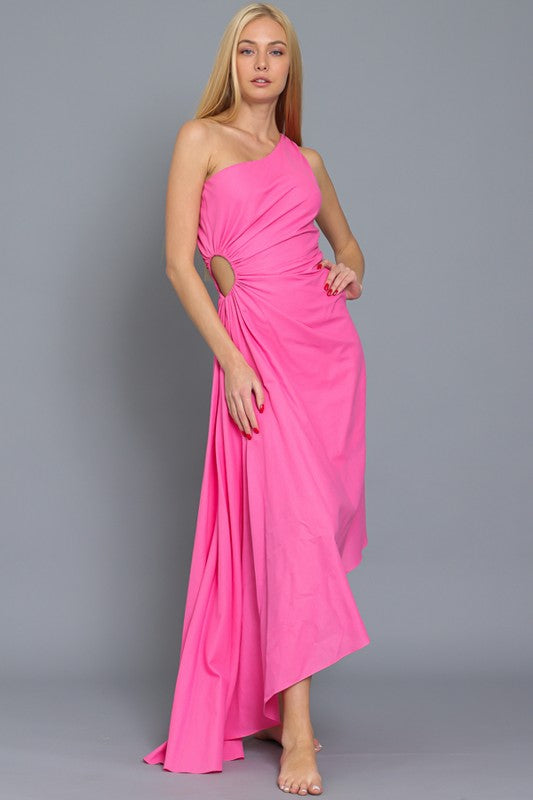 Malania Linen One Shoulder Pleated Midi Dress - Pink