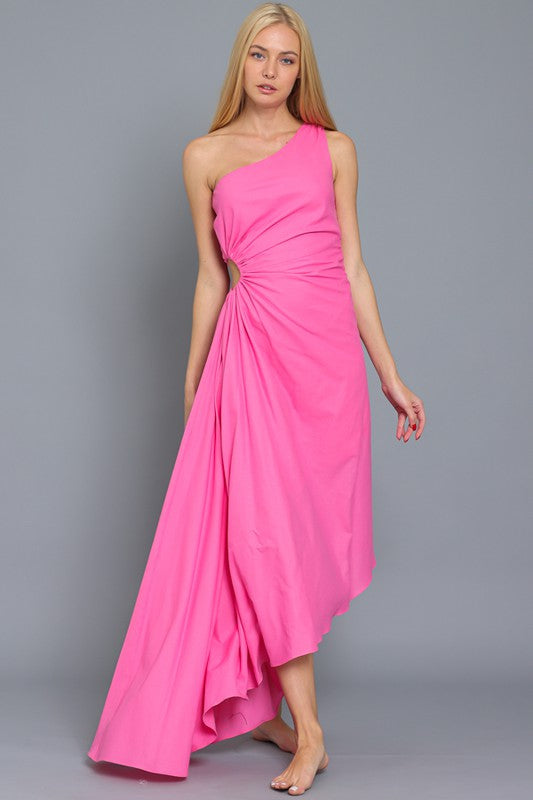 Malania Linen One Shoulder Pleated Midi Dress - Pink