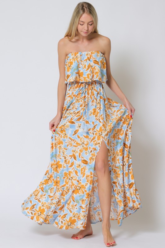 Everlasting Strapless Paisley Print Maxi Dress - Blue/Orange