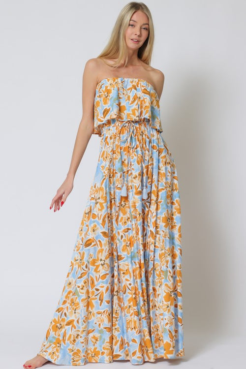 Everlasting Strapless Paisley Print Maxi Dress - Blue/Orange