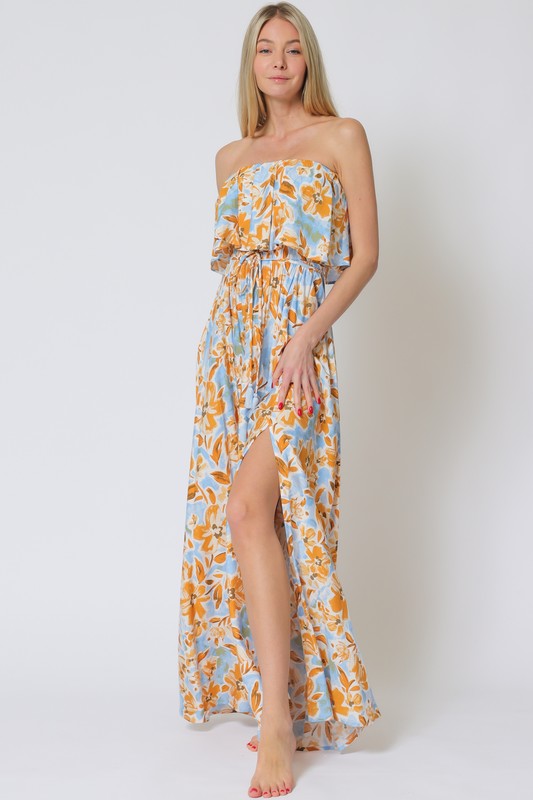 Everlasting Strapless Paisley Print Maxi Dress - Blue/Orange