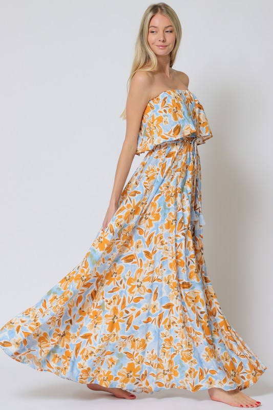 Everlasting Strapless Paisley Print Maxi Dress - Blue/Orange