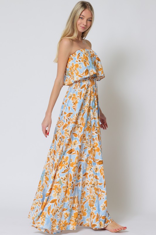 Everlasting Strapless Paisley Print Maxi Dress - Blue/Orange