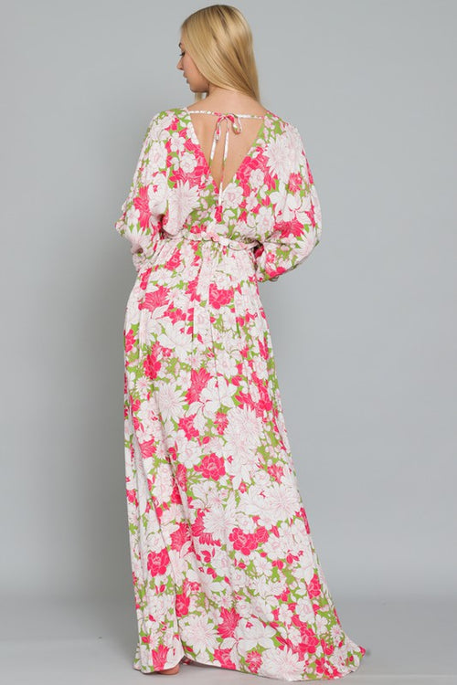 Stellamarie  Dolman Sleeve Floral Maxi Dress - Green/Pink
