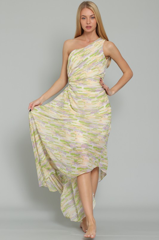 Malania One Shoulder Pleated Midi Dress - Green/Lavender Girls Will Be Girls Malania One Shoulder Pleated Midi Dress - Green/Lavender Girls Will Be Girls