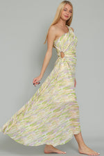 Malania One Shoulder Pleated Midi Dress - Green/Lavender