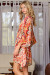 Breezy Kimono Sleeve Mini Dress - Coral/Beige