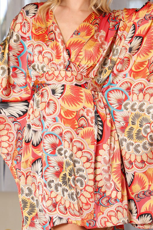 Breezy Kimono Sleeve Mini Dress - Coral/Beige