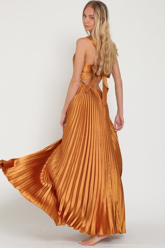 Calixia Satin Pleated Maxi Dress - Golden Camel