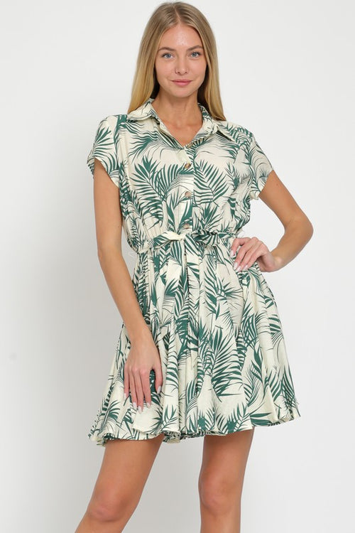 Tara Tropical Button Down Mini Dress - Green/Ivory