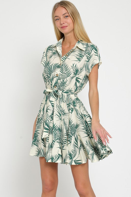 Tara Tropical Button Down Mini Dress - Green/Ivory