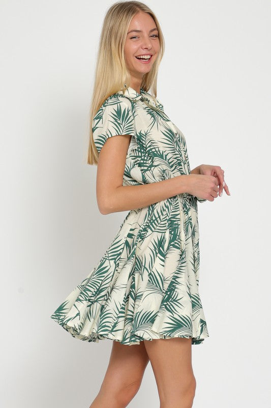 Tara Tropical Button Down Mini Dress - Green/Ivory