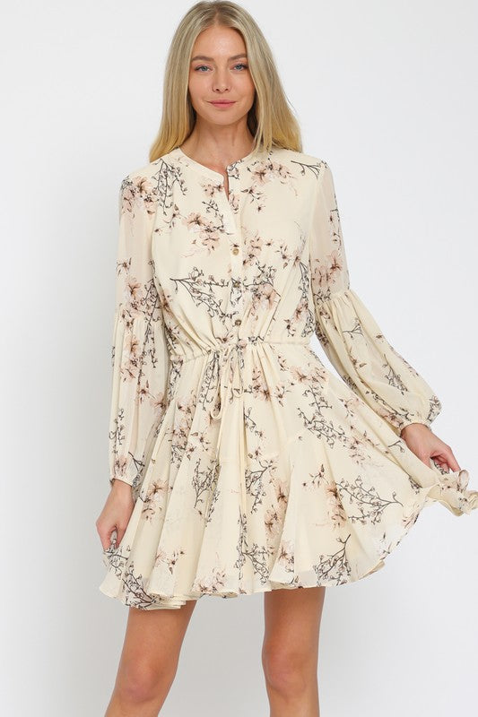 Devika Floral Long Sleeve Floral Waist Tie Mini Dress - Cream