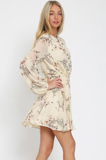 Devika Floral Long Sleeve Floral Waist Tie Mini Dress - Cream