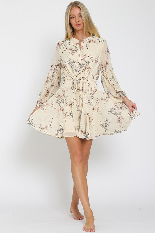 Devika Floral Long Sleeve Floral Waist Tie Mini Dress - Cream