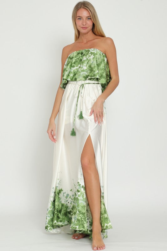 Everlasting Strapless Floral Print Maxi Dress - Green/Ivory