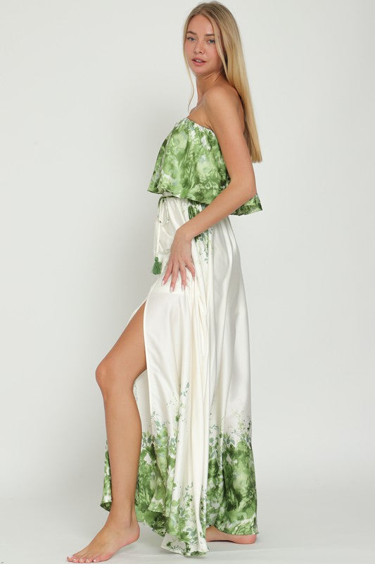 Everlasting Strapless Floral Print Maxi Dress - Green/Ivory