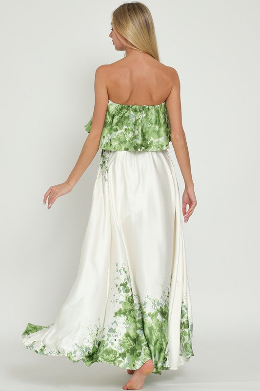 Everlasting Strapless Floral Print Maxi Dress - Green/Ivory