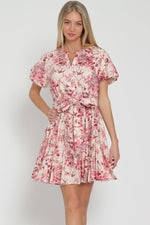 Adelia Toile Bubble Sleeve Waist Tie Mini Dress