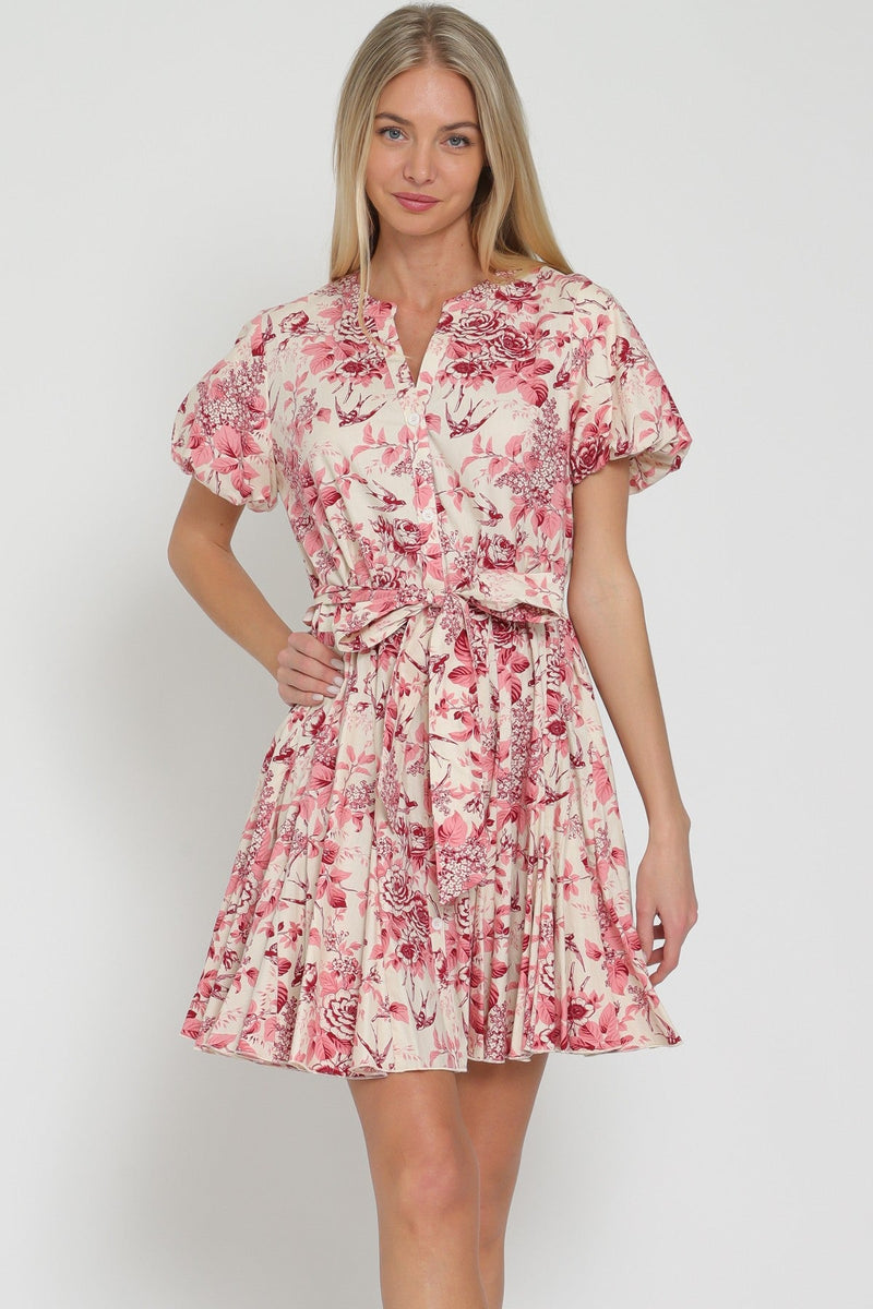 Adelia Toile Bubble Sleeve Waist Tie Mini Dress