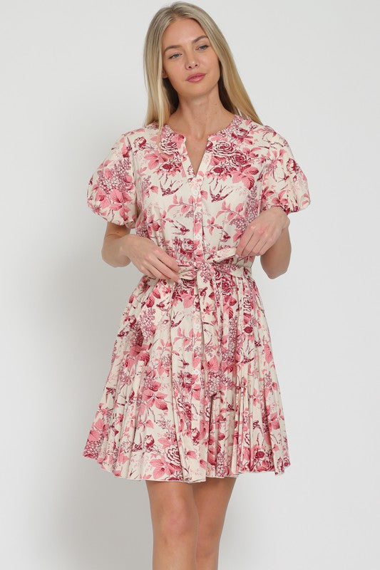 Adelia Toile Bubble Sleeve Waist Tie Mini Dress