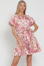 Adelia Toile Bubble Sleeve Waist Tie Mini Dress