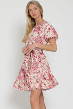 Adelia Toile Bubble Sleeve Waist Tie Mini Dress