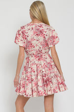 Adelia Toile Bubble Sleeve Waist Tie Mini Dress