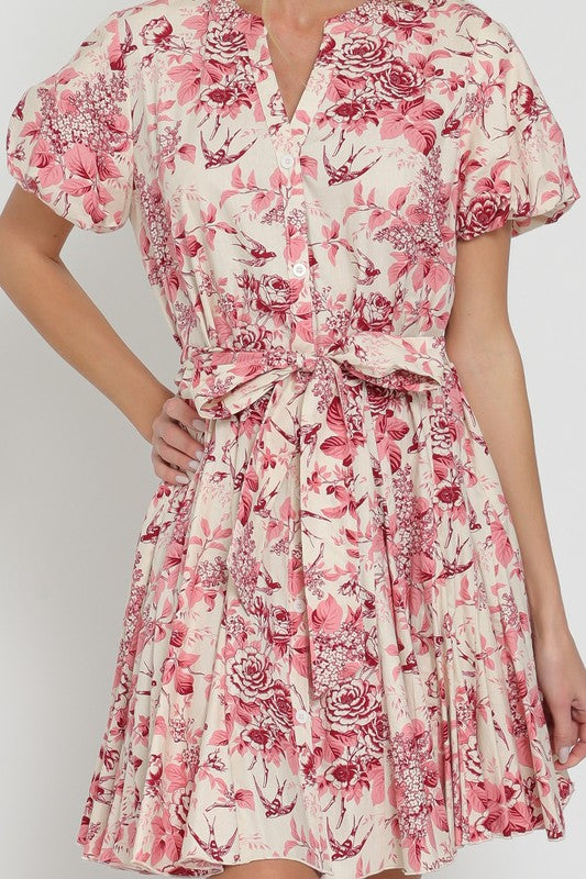 Adelia Toile Bubble Sleeve Waist Tie Mini Dress