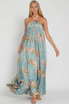 Makenna Satin Floral Halter Maxi Dress - Blue Floral
