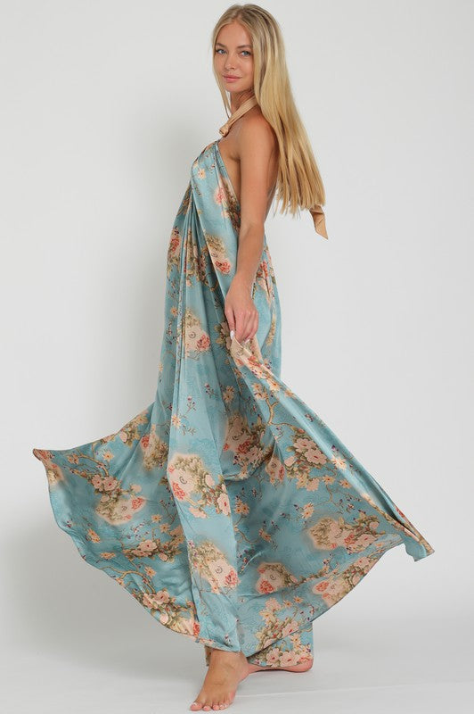 Makenna Satin Floral Halter Maxi Dress - Blue Floral