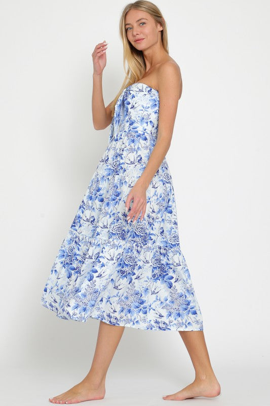 Amillie Strapless Floral Tie Front Midi Dress