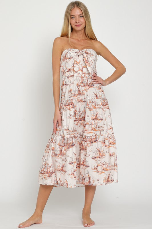 Lulu Strapless Tie Front Midi Dress - Blush/Orange