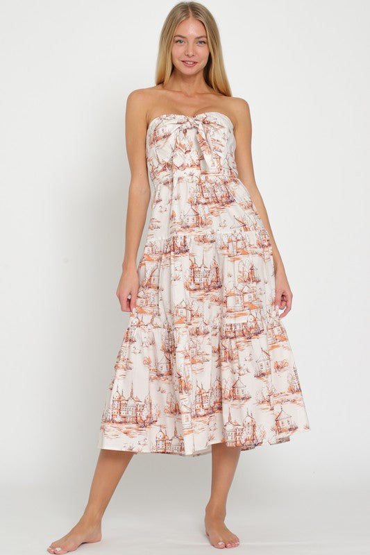 Lulu Strapless Tie Front Midi Dress - Blush/Orange