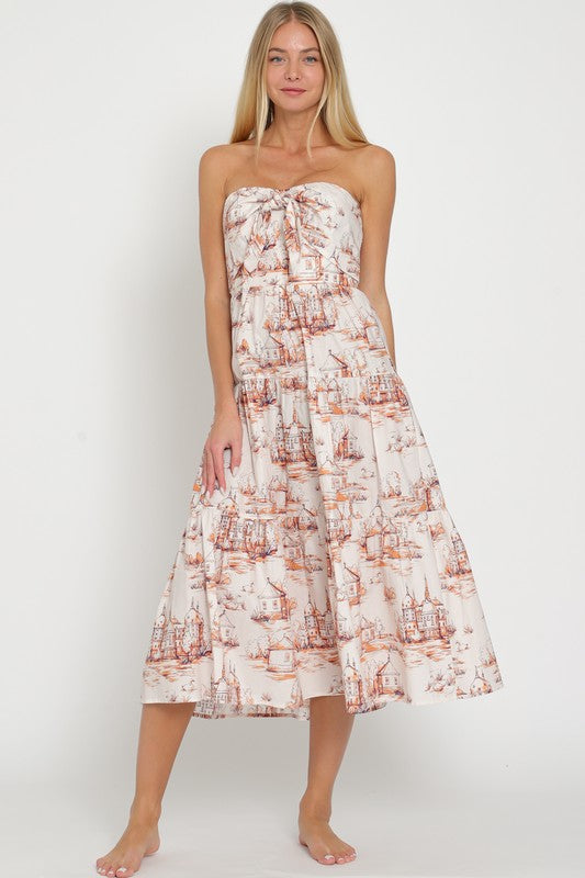 Lulu Strapless Tie Front Midi Dress - Blush/Orange