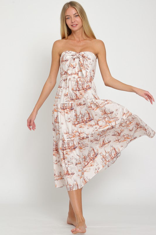 Lulu Strapless Tie Front Midi Dress - Blush/Orange