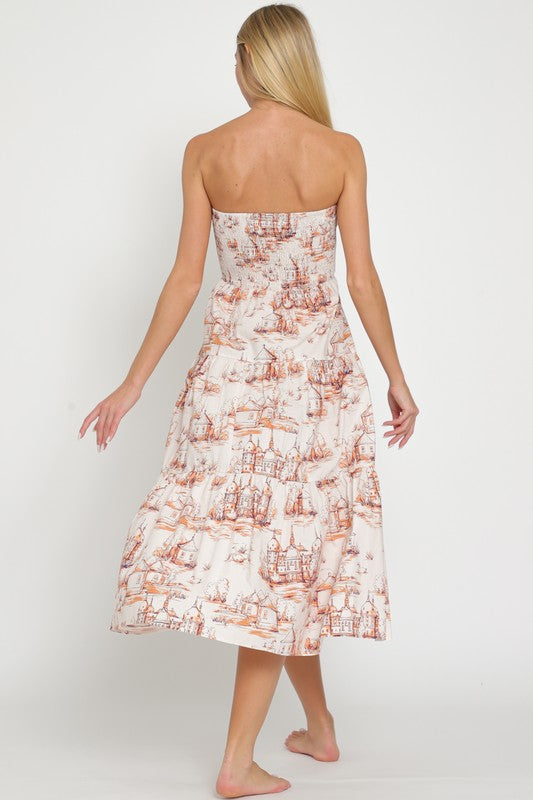 Lulu Strapless Tie Front Midi Dress - Blush/Orange