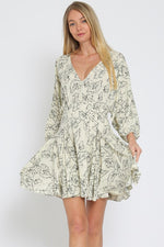 Anella Long Sleeve Leaf Print Mini Dress -Ivory/Multi