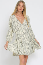 Anella Long Sleeve Leaf Print Mini Dress -Ivory/Multi