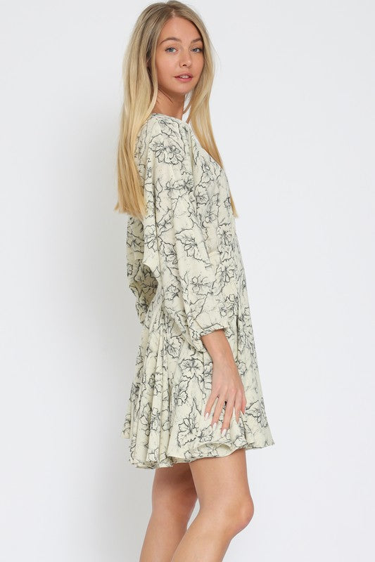 Anella Long Sleeve Leaf Print Mini Dress -Ivory/Multi