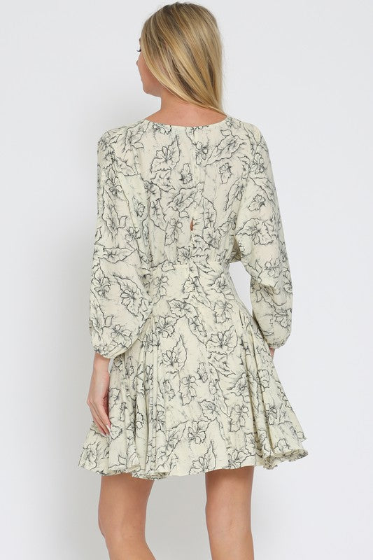 Anella Long Sleeve Leaf Print Mini Dress -Ivory/Multi