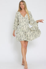 Anella Long Sleeve Leaf Print Mini Dress -Ivory/Multi