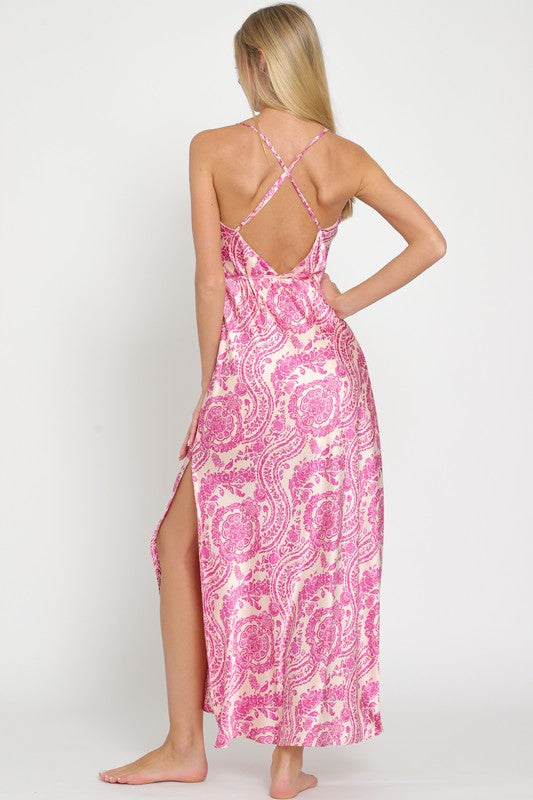 Zoe Cowl Belted Slip Satin Maxi Dress - Pink