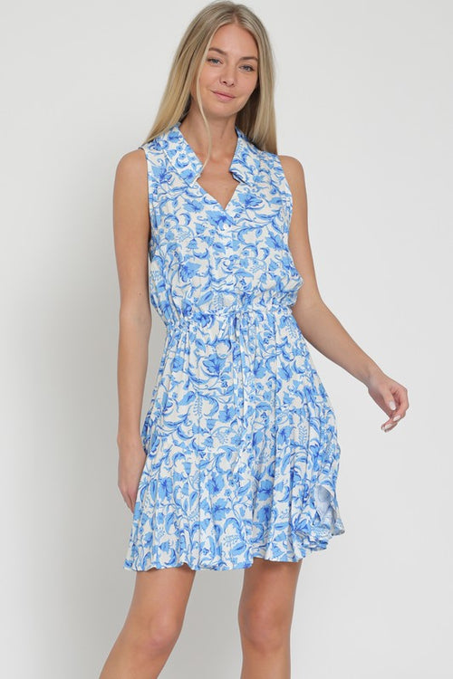 Vabbie Sleeveless Waist Tie Floral Mini Dress - Blue/White