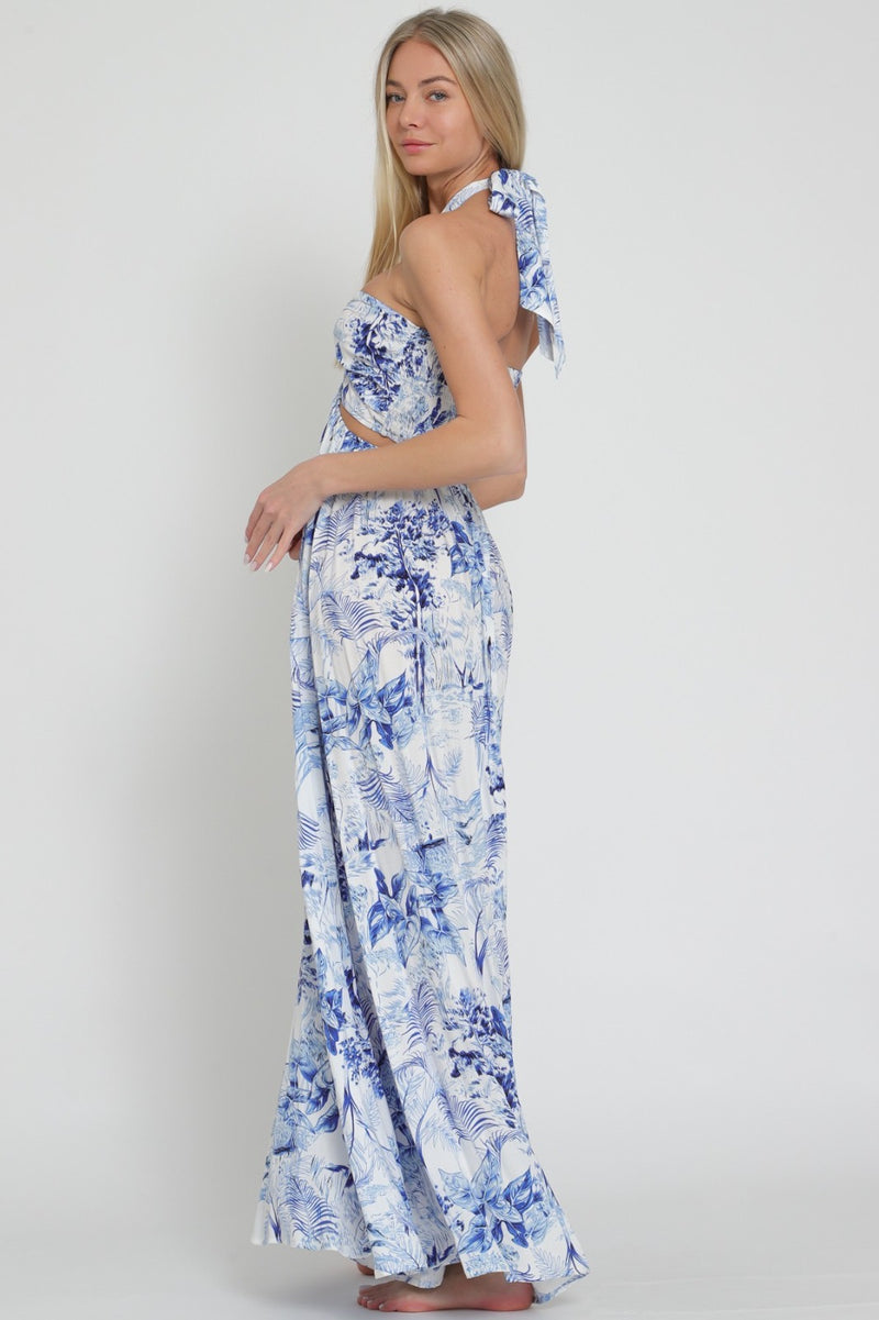 Hallie Halter Tropical Print Cut Out Maxi Dress