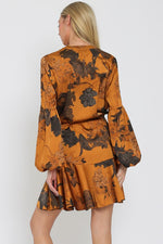 Devika Long Sleeve Floral Waist Tie Mini Dress - Camel/Brown